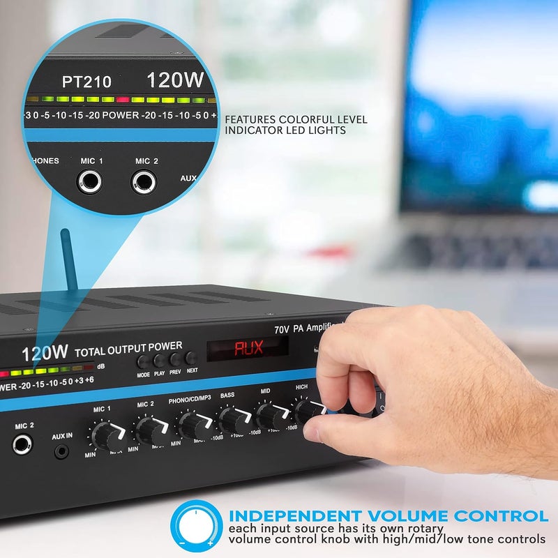 Pyle مضخم صوت أحادي للخطاب العام مع بلوتوث - 120 واط مضخم PA مع مخرج 70 فولت، مدخلين ميكروفون - تحكم مستقل في الصوت لكل قناة - معادل 3 نطاقات - للاستخدام المنزلي، التجاري، المطاعم، المدارس - PT210 - Image 5